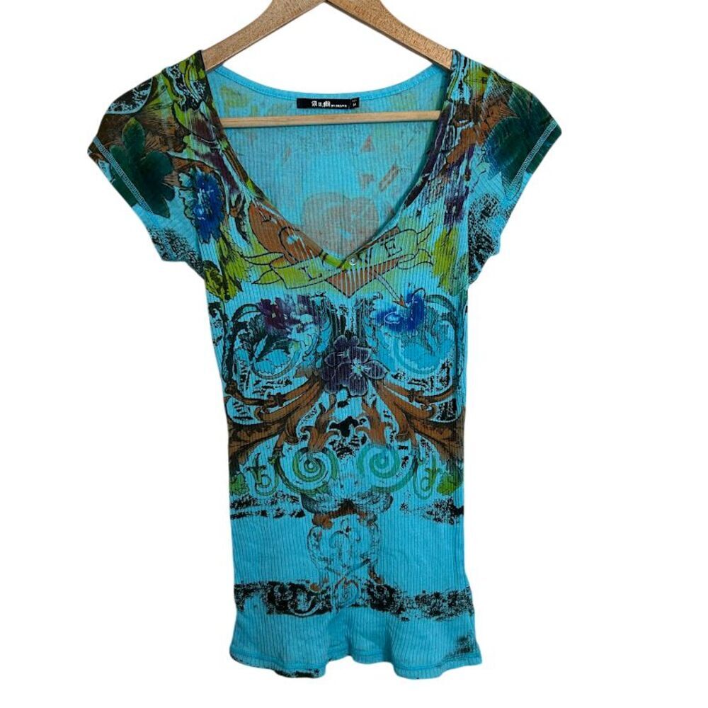 VTG Y2K Mall Goth Ribbed Baby Doll Tee M Blue Affliction Tattoo Floral Top